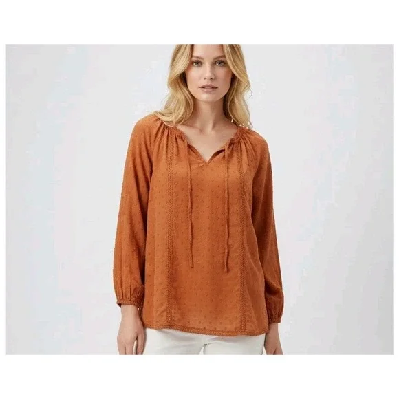 Sundance Peasant Blouse Top Women Petite Small Orange Swiss Dot Boho 100% Cotton - Picture 1 of 2